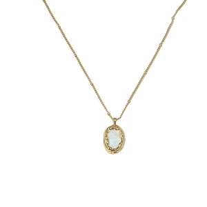 Vintage 18K gold plated necklace with irregular oval mother of pearl pendant on beaded chain