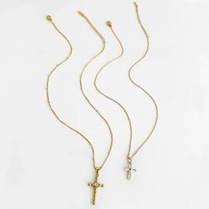 Waterproof gold titanium steel cross necklace with cubic zirconia for women