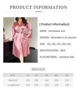 Detailed size chart for women's plus size satin bathrobe with bust and length measurements
