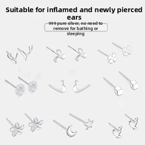 Detailed grid of S999 sterling silver stud earrings in heart moon and leaf shapes