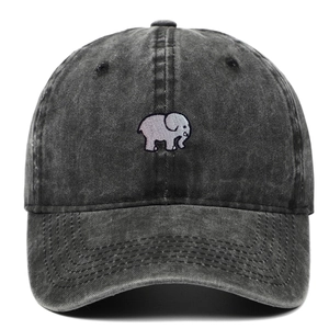Washed dark grey cotton baseball cap featuring minimalist elephant embroidery on the front