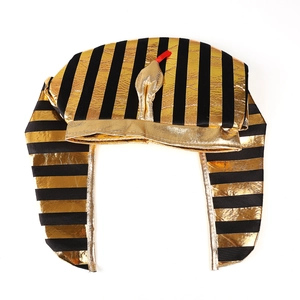 Golden and black striped Egyptian Pharaoh hat with snake emblem for Halloween party