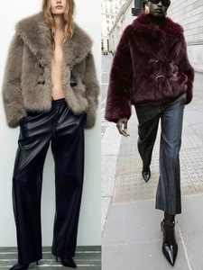 Women Faux Fur Jacket Oversized Lapel Leather Buckle Winter Warm Coat Short Outwear