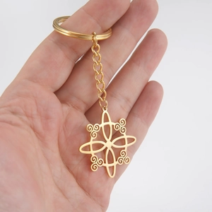 Polished gold stainless steel witch knot keychain held by hand on a white background