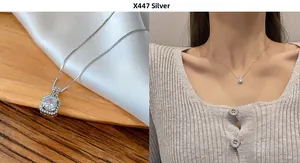Detail of silver necklace with square halo pendant and model wearing shot for fashion look