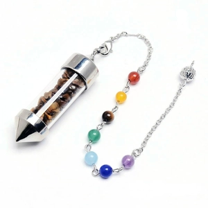 Cone crystal wishing bottle pendulum with colorful chakra beads on a silver chain
