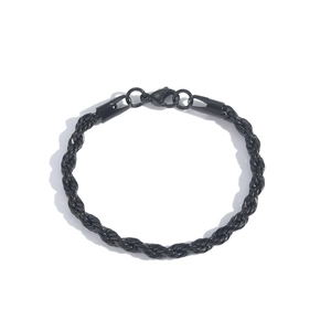 Detail shot of black twisted rope chain bracelet with secure lobster clasp closure
