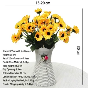 Artificial sunflower arrangement in a white woven plastic vase with ribbon, 30cm height