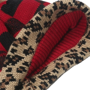 Plaid and leopard print knit beanie with warm fleece lining and thick thermal texture