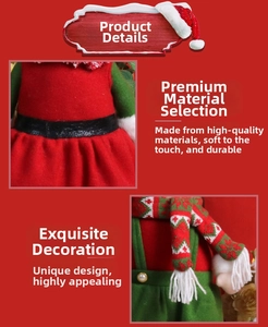 Détails du lutin de Noël en tissu rouge et vert avec écharpe à motifs flocon de neige