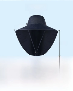 Detail of sun hat showing 12.5cm wide brim and 24cm neck flap dimensions in navy blue