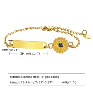 Detail of adjustable gold stainless steel bracelet with 6x29mm engravable ID plate and sunflower