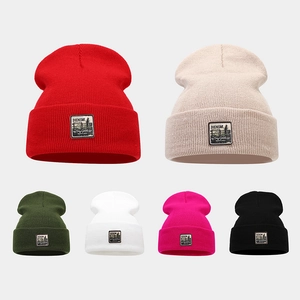 Knitted Beanie Hat Ribbed Acrylic Winter Warm With Vintage Patch For Men Women Streetwear