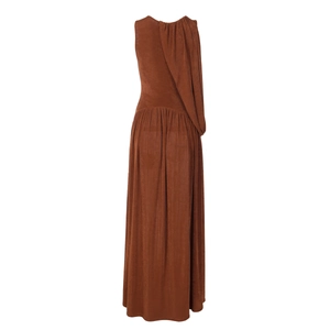 Detail of ruched rust-brown sleeveless maxi dress with textured fabric and elegant drape