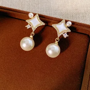 Star Mother Of Artificial Pearl Drop Earrings Zircon Inlay With Silver Earring Post Elegant French Vintage Jewelry For Women