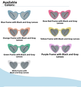 Detail view of heart-shaped kids sunglasses in seven vibrant colors with dark lenses