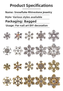 Close-up of snowflake alloy nail art charms with white and AB rhinestones in gold and silver