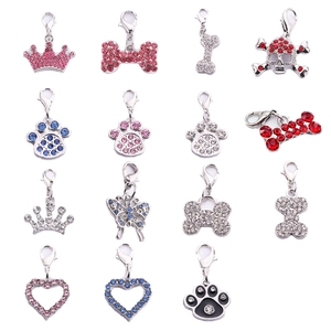 Assorted rhinestone pet pendants with lobster clasp in crown and bone shapes
