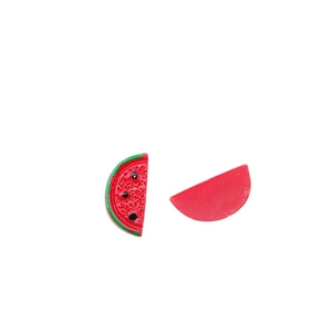 Pair of realistic watermelon resin charms with red pulp and green rind for DIY jewelry