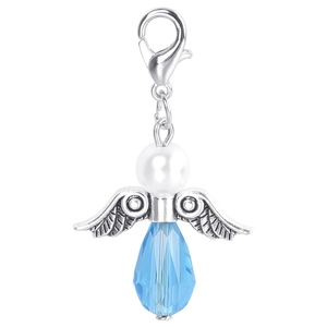Detail of angel wing charm with blue crystal teardrop and pearl bead on a lobster clasp