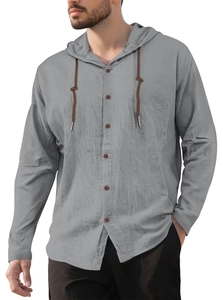 Detail of grey men's hooded shirt showing linen texture and lace-up button neckline