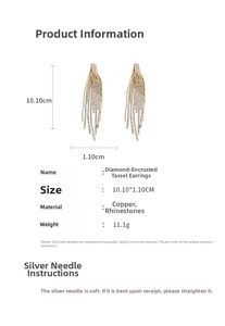 Detail view of long geometric tassel earrings with rhinestones and size measurements