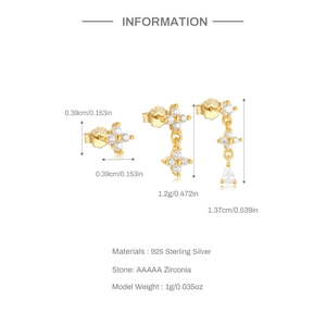 Detailed size and material specification chart for gold zircon sterling silver earrings