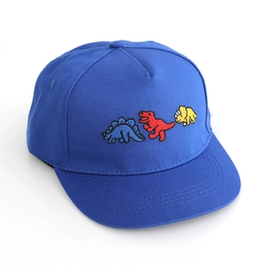 Royal blue kids baseball cap featuring embroidered colorful dinosaurs with flat brim