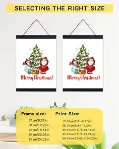 Size guide for magnetic wooden poster hangers showing frame lengths and print widths