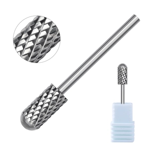 Macro detail of cylindrical tungsten steel nail drill bit with precision cross-cut texture