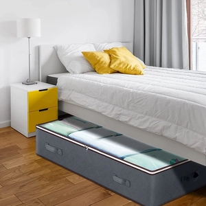 Close-up of gray non-woven underbed storage box with clear window and reinforced handles