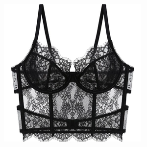 Sexy schwarzes Bustier aus floraler Spitze mit Bügelstütze und Wimpernspitzendetails