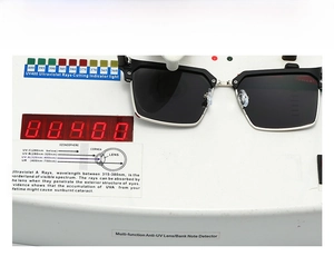 Testing UV400 protection of square black sunglasses with a digital UV sensor device