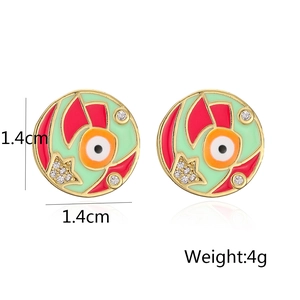 Detailed view of colorful enamel eye earrings with 1.4cm diameter and 4g weight specs