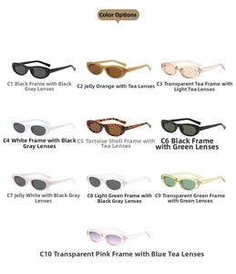 Matrix display of oval retro sunglasses in ten macaron colors with various lens tints