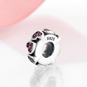 S925 sterling silver heart bead charm with red gemstones for DIY bracelet jewelry