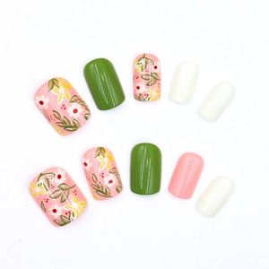 Floral oil painting style press-on nail set with green, white, and pink round tips