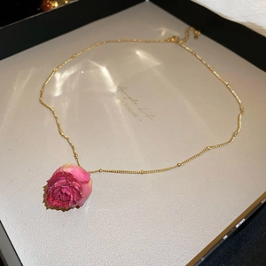 Detailed macro view of a real pink dried rose pendant on a beaded gold stainless steel chain