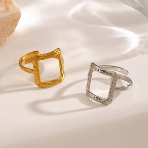Gold and silver square hollow rings with hammer texture and adjustable open bands