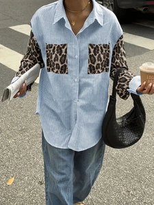 Women Leopard Print Patchwork Striped Shirt Long Sleeve Loose Casual Button Up Blouse With Pockets Polo Collar Top