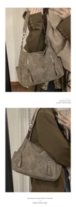 Detail view of khaki suede tote bag featuring vertical metal zippers and retro design
