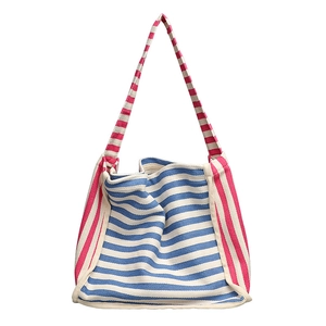 Borsa casual in tela stile giapponese con strisce a contrasto blu e rosse su bianco