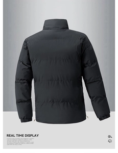 Rear view of black outdoor padded jacket with adjustable drawstring hem and elastic cuffs
