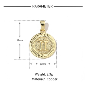 18k gold plated copper zodiac pendant with 'H' design, 19mm diameter and 3.3g weight