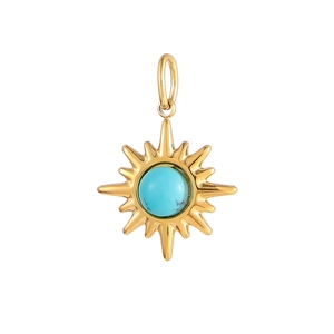 Detailed view of a golden sunburst pendant with a turquoise center bead on white background