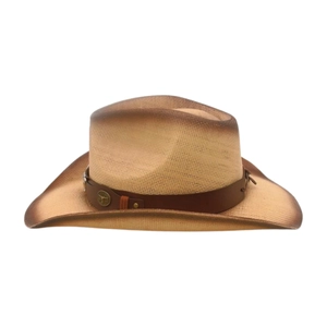 Detail of straw cowboy hat with vintage bull metal logo and gradient brim edge