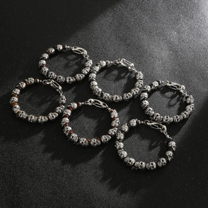 Punk Skull Beaded Bracelet Men Retro Gothic Titanium Steel Natural Tiger Eye Lava Stone Jewelry Accessory