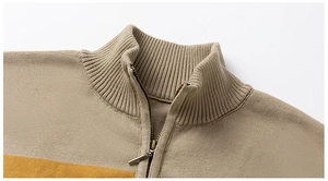 Detailed close-up of high-quality knit texture and half-zip stand collar on men's sweater