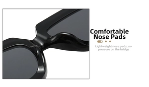Detail of comfortable one-piece nose pads on glossy black irregular sunglasses frame