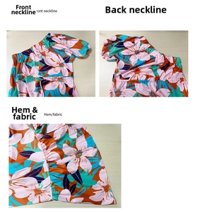 Vue détaillée d'une robe d'été fleurie montrant l'encolure, la taille élastique et le tissu